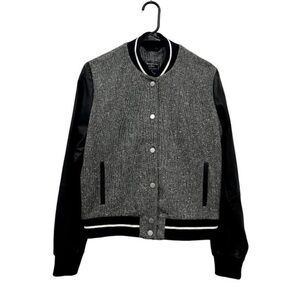 Abercrombie & Fitch Letterman Tweed and Leather Bomber Jacket Gray & Black